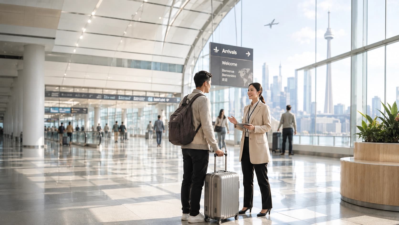 An approved service provider welcoming a newcomer at a Canadian airport